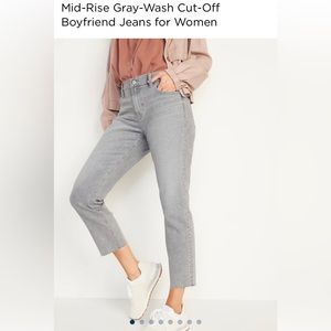 Mid-Rise Gray-Wash Cut-Off Boyfriend Jeans